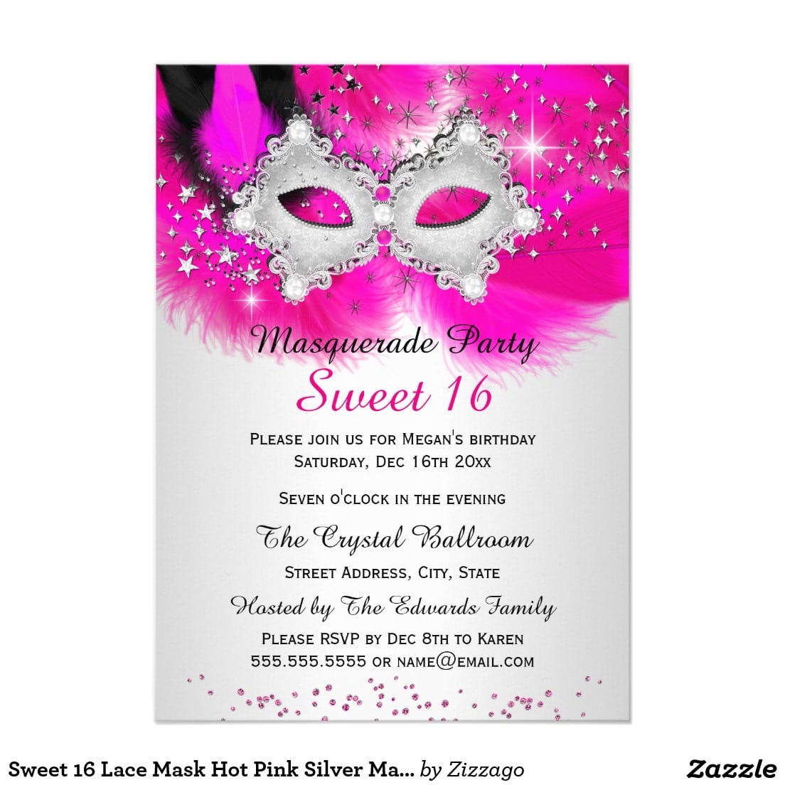 Zizzago Invitations â Sweet 16 Lace Mask Hot Pink Silver Masquerade
